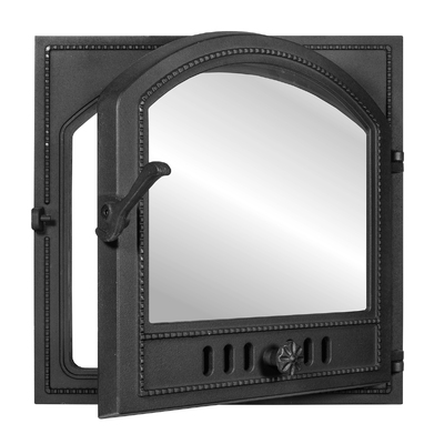 Ușă pentru sobă K 505, 491×491 mm, Fontă, Rezistență 700–950℃, Deschidere rotativă